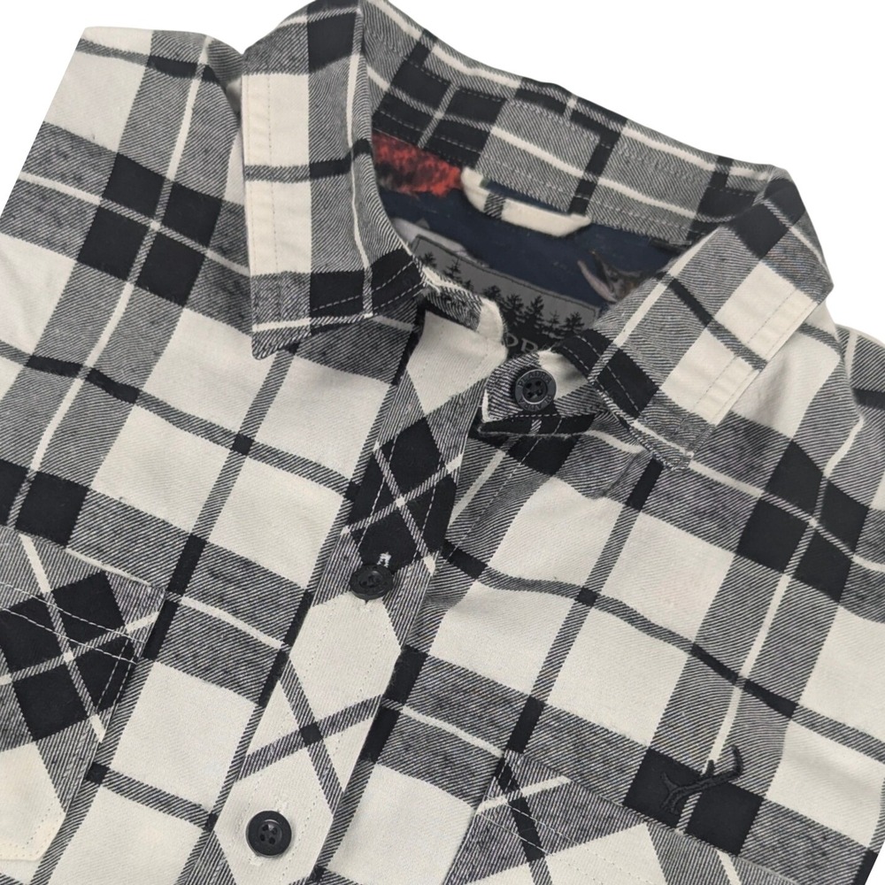 Pladra Mens Small Black White Plaid Flannel Shirt Fish Print Lining Cotton